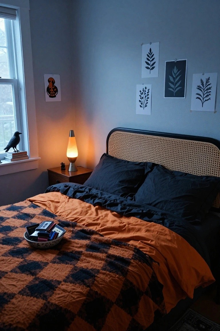 Bedroom interior with orange plaid quilt and black sheets on a bed with rattan headboard, bowl of cassette tapes on the bed, lava lamp and raven figure on wooden nightstand next to window, plant prints on blue-gray walls.