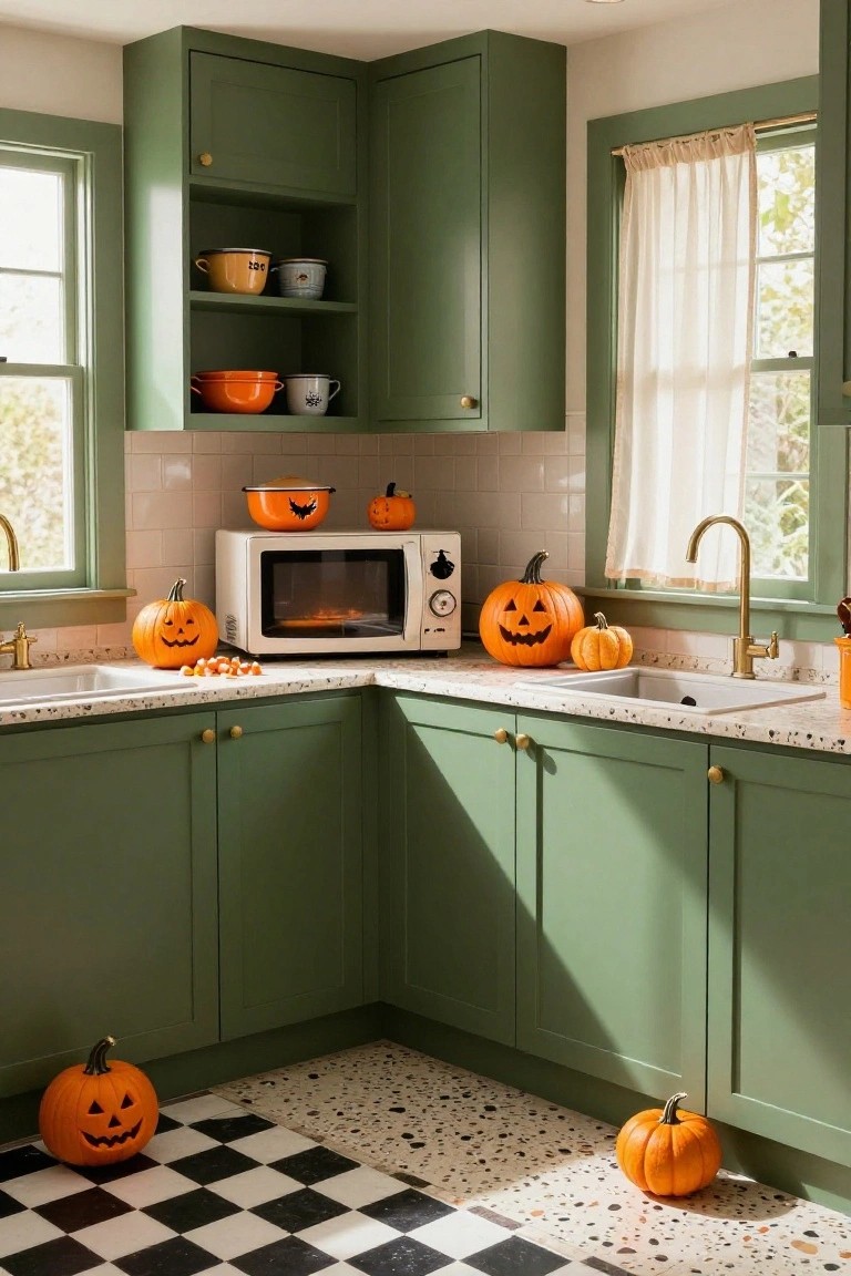 Corner view of a sage green kitchen with cabinets, white microwave topped with pumpkins, brass faucet sink, orange Halloween pumpkins on counters and floor, orange bowls on open shelves, and candy corn on the counter.