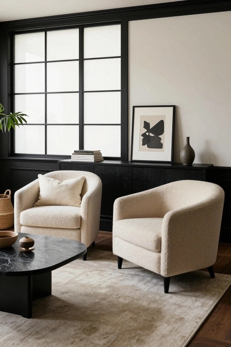 A modern living room with two curved cream-colored boucle armchairs flanking an oval black marble coffee table on a beige rug, black-framed windows, and dark wood cabinetry against white walls.