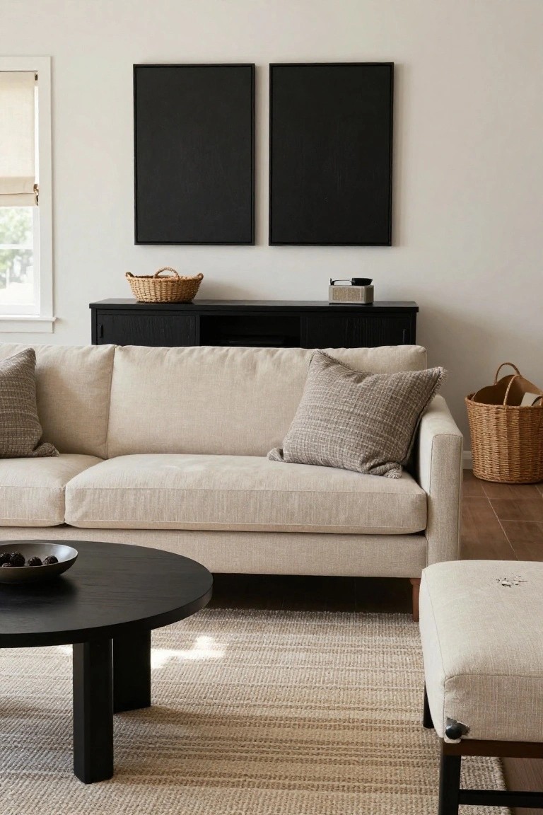 Beige linen sofa with textured pillows in a living room featuring black framed artwork, black media console with woven baskets, black round coffee table holding olives in a bowl, beige ottoman, and seagrass rug on terracotta tile floor.