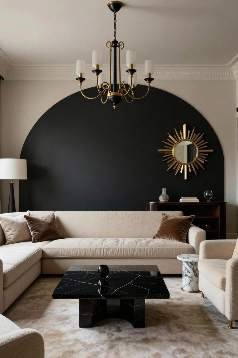 Beige L-shaped sofa and chairs in a living room with a large black semicircular wall painted behind it, gold sunburst mirror on the wall, black marble coffee table, brass chandelier overhead, and side tables.