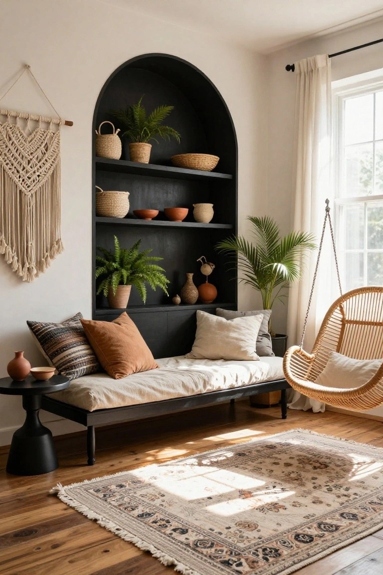 Interior photo of a living room corner with a black arched wall niche containing shelves of beige pottery, baskets, and potted plants, a black-framed daybed with beige cushions and pillows below, a wicker hanging chair nearby, sheer curtains on a window, and a beige rug on wood floors.
