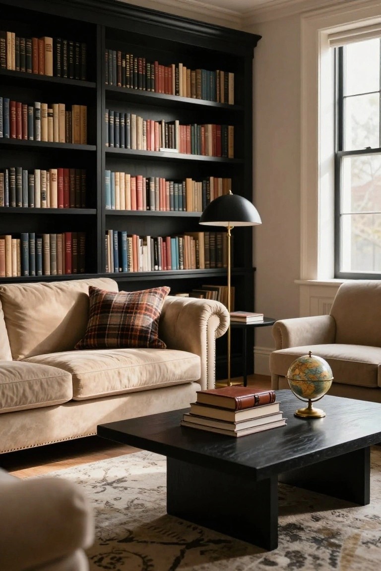 Living room interior with tall black built-in bookshelves filled with books, two beige tufted sofas, black coffee table topped with stacked books and brass globe, arched floor lamp, and window.