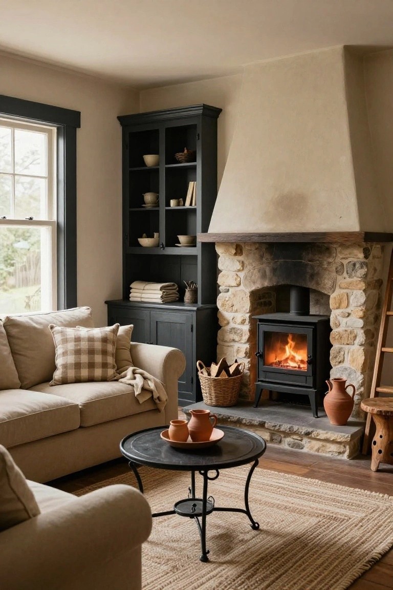 Living room with beige sofa, black cabinets flanking a stone arched fireplace containing a black wood stove, low black metal table with terracotta pots and cups, woven rug, and window overlooking greenery.