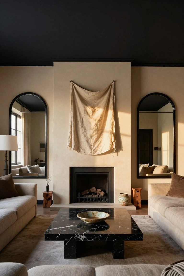 Black Ceiling in a Beige Living Room