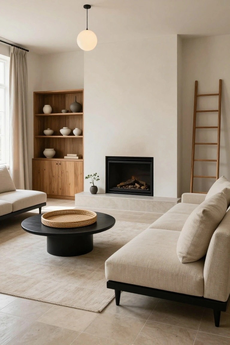 Beige living room with cream fabric sofas, black round coffee table holding a woven tray, wooden bookshelves with ceramics, gas fireplace, and wooden ladder against white wall.