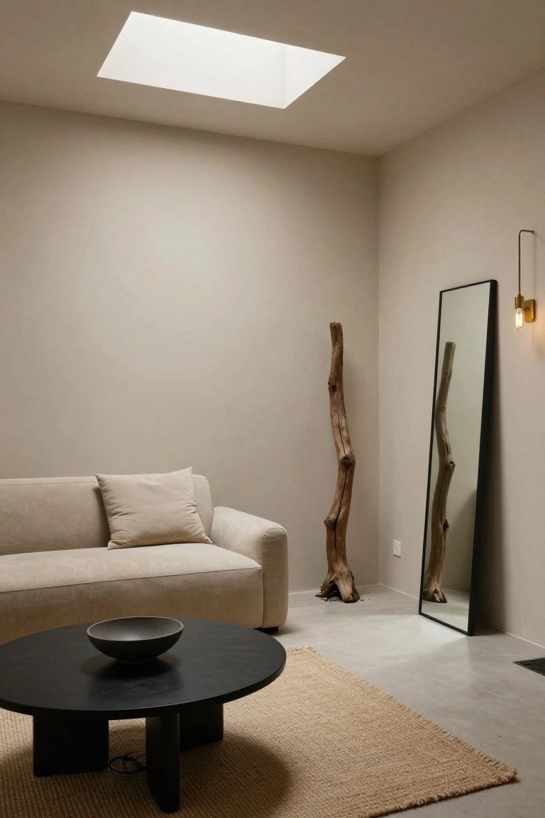 Beige living room corner with cream curved sofa, black oval coffee table topped with black bowl, tall twisted wood sculpture, slim black floor mirror, wall sconce, seagrass rug, and skylight above.