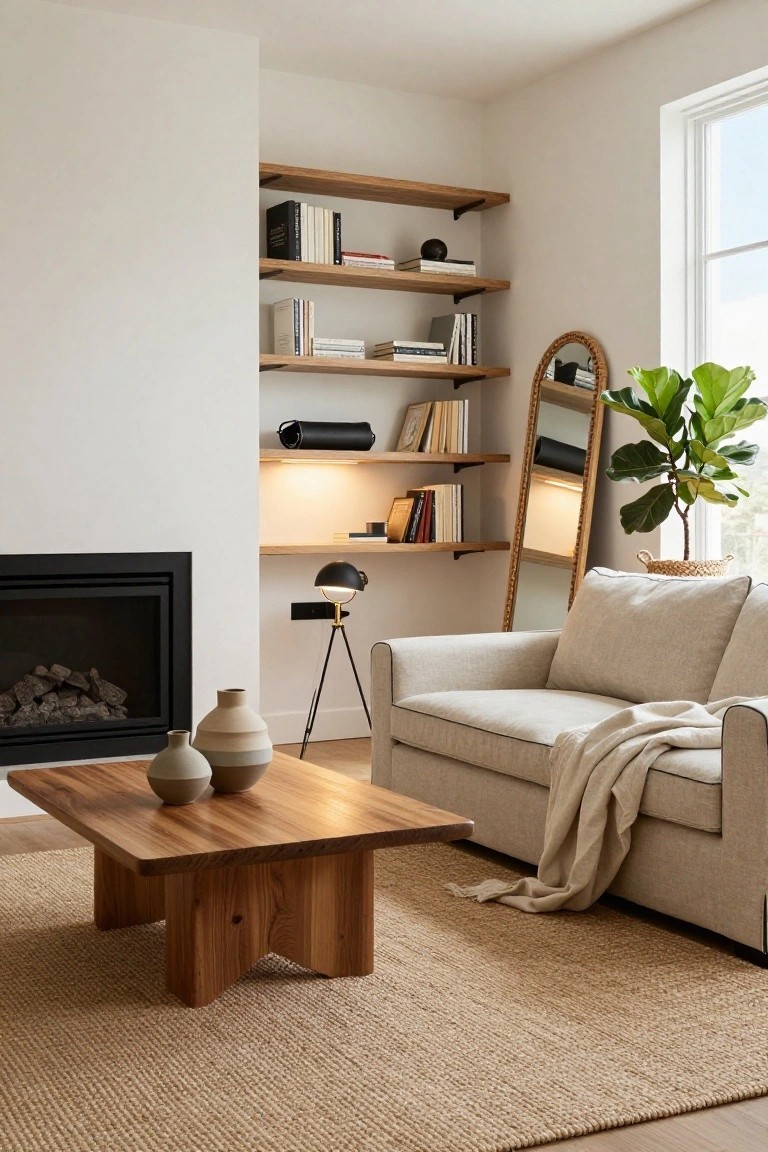 Corner of a living room featuring a black-framed fireplace, beige sofa with throw blanket, low wooden coffee table with ceramic vases, wood floating shelves with books, rattan mirror, tripod lamp, and potted fiddle leaf fig plant on a seagrass rug.