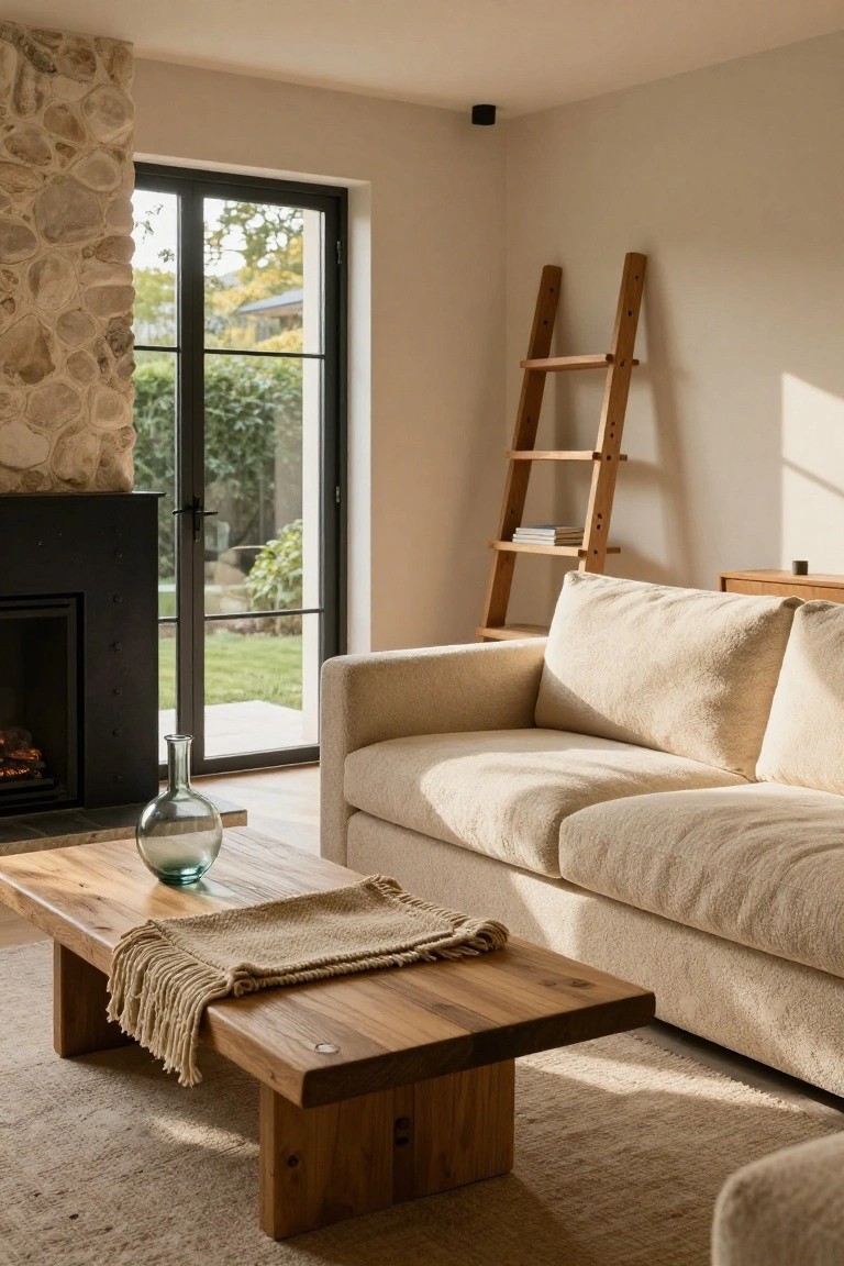 Living room interior with black metal fireplace on stone wall, creamy beige sofa, wooden coffee table with beige runner, wooden ladder shelf with books, and black-framed doors to garden.