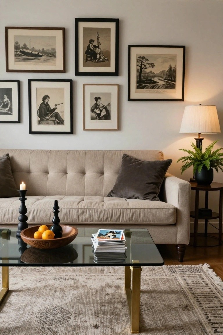 Beige tufted sofa in a living room with black-framed artwork in various sizes on white walls above it, glass coffee table holding a wooden bowl of oranges and black candlesticks, side table with lamp and potted fern, neutral rug on wood floor.