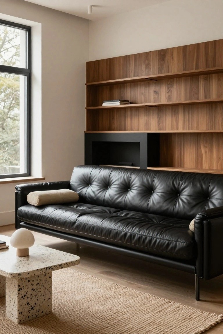 Modern living room interior with black tufted leather sofa accented by beige pillows, white terrazzo coffee table with mushroom lamp, full-height walnut shelving with built-in black fireplace, large window, and beige seagrass rug on wood floor.