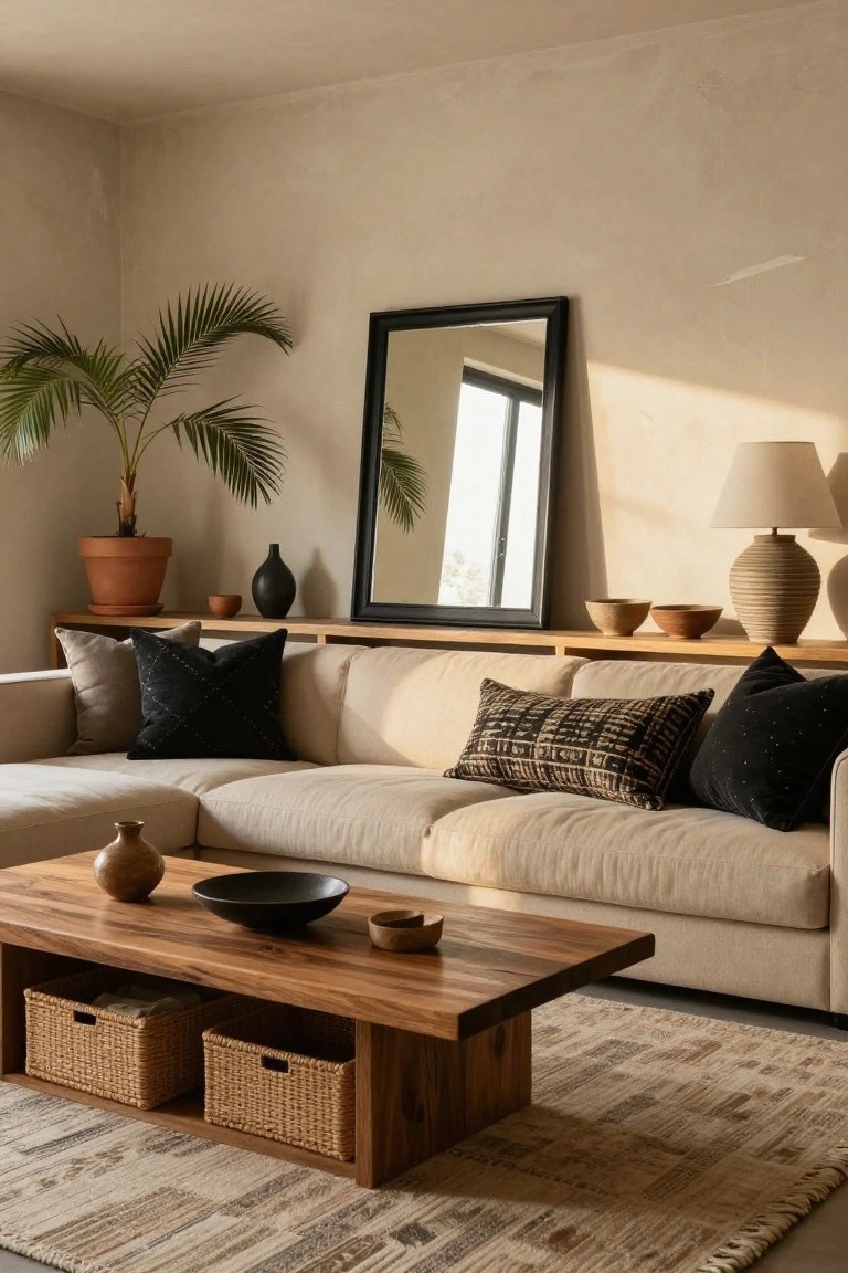 Beige corner sofa with black patterned pillows and cream pillows in a light beige room featuring a wooden coffee table, potted palm plant, black-framed mirror, and ceramic vases on shelves.