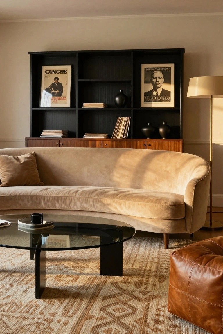 A living room with black wooden bookshelves displaying posters, records, books, and ceramics, a curved beige upholstered sofa with pillows, a glass oval coffee table with black legs, a brown leather cube ottoman, and a beige patterned rug on a wood floor.