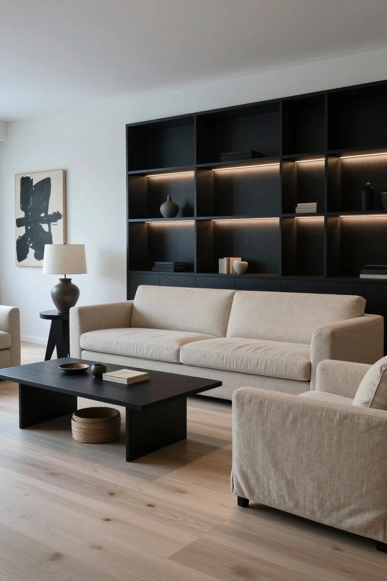 Modern living room with tall black floor-to-ceiling shelving unit featuring integrated LED lighting, beige sofas, black coffee table, and sparse neutral decor on light oak floors.