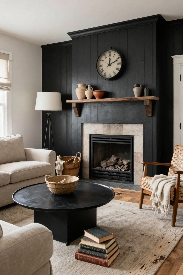 Black Shiplap Fireplace Wall