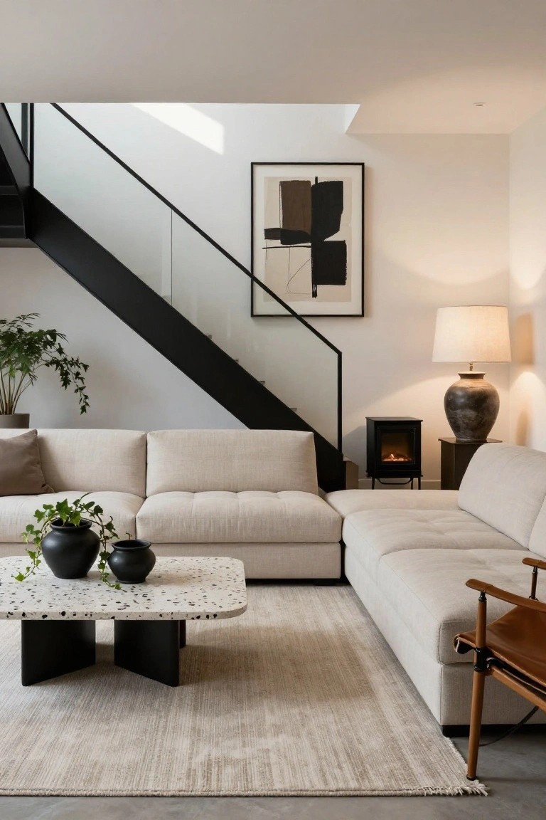 Modern living room with L-shaped beige sofa, black metal staircase with glass railing, terrazzo-top coffee table on black legs, gas fireplace, potted plants, large abstract wall art, and beige rug.
