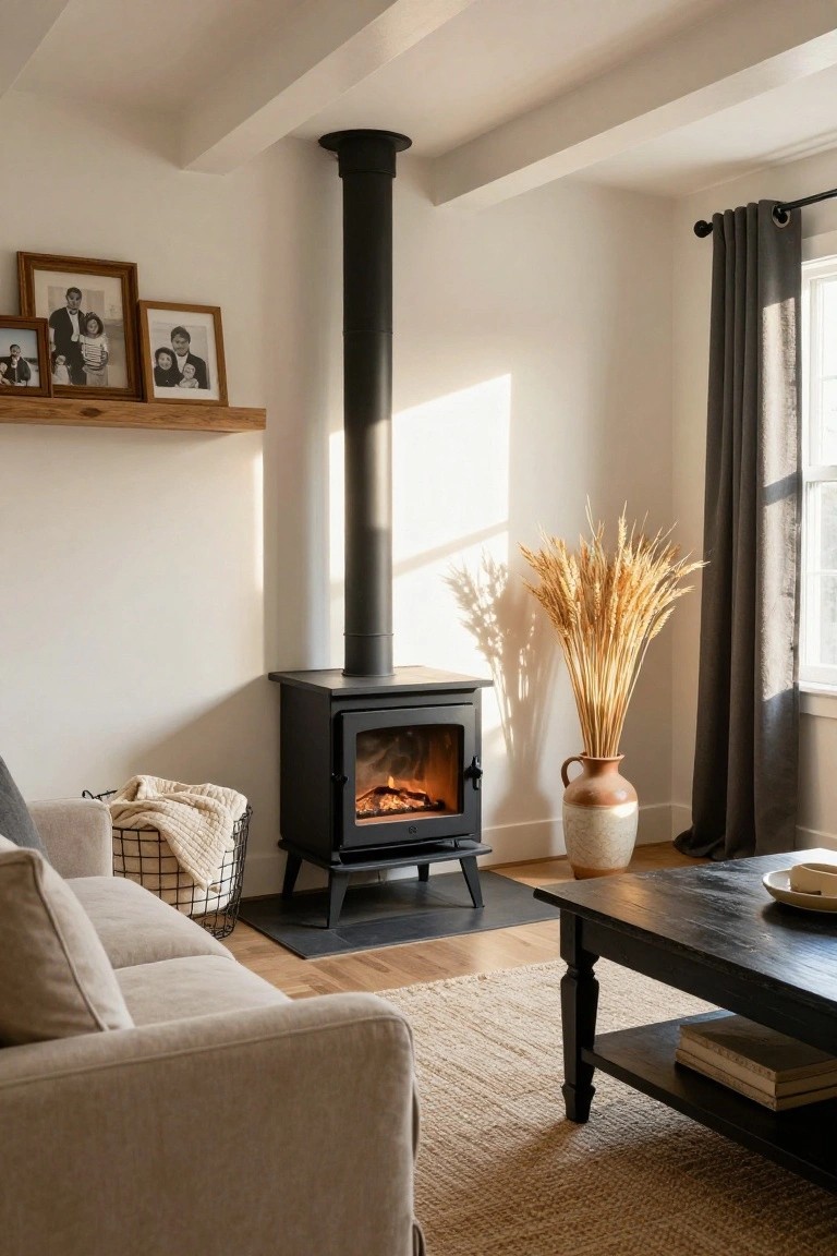 Living room with matte black freestanding wood stove and chimney in corner, lit fire inside, cream sofa with throw blanket in basket nearby, black wood coffee table on seagrass rug, wheat stalks in terracotta vase by window with gray curtains, wood shelves with framed photos above stove.