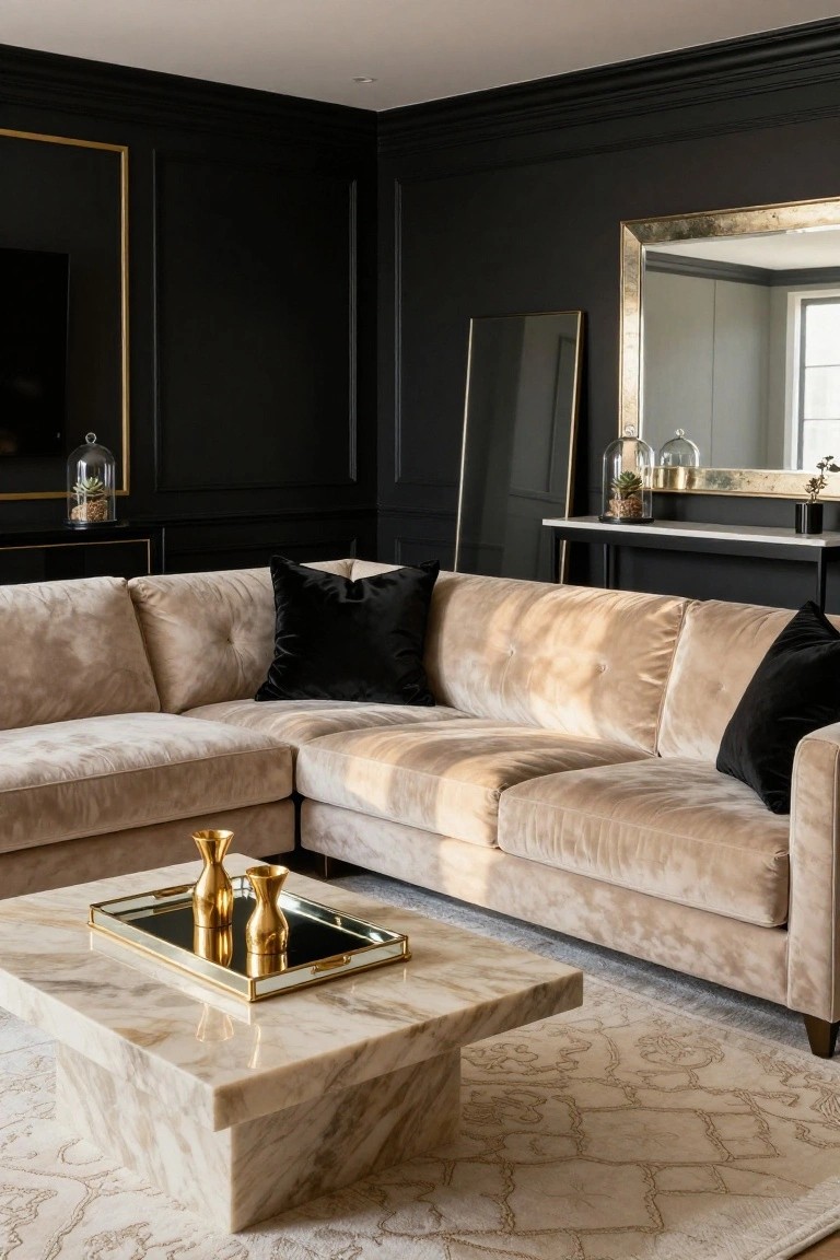 Corner of a black paneled living room with an L-shaped beige velvet sofa, black pillows, gold-trimmed marble coffee table holding vases, and tall mirrors on the walls.