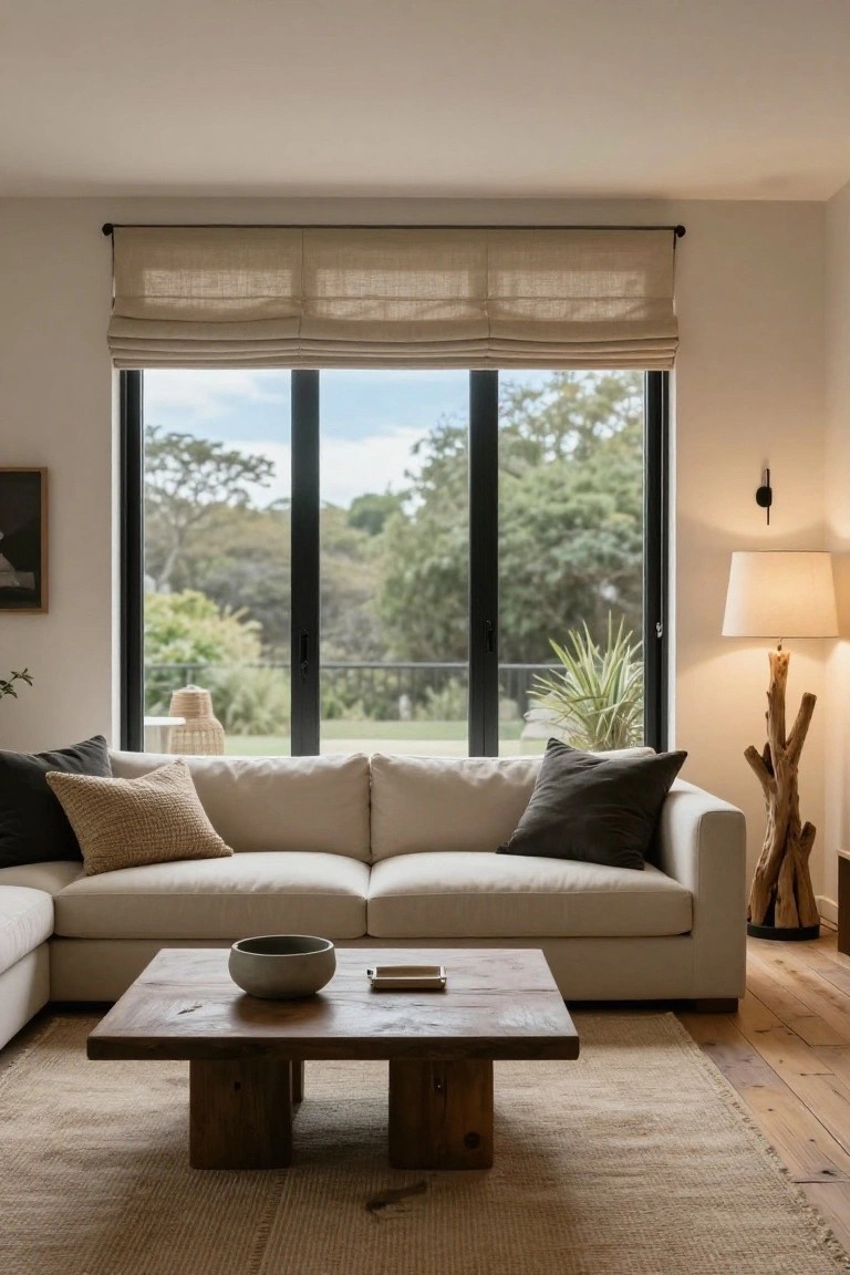 A light beige L-shaped sofa sits in a living room with black-framed sliding glass doors and windows overlooking lush green trees and lawn, a wooden coffee table with a ceramic bowl, beige rug, driftwood floor lamp, and linen roman shades.
