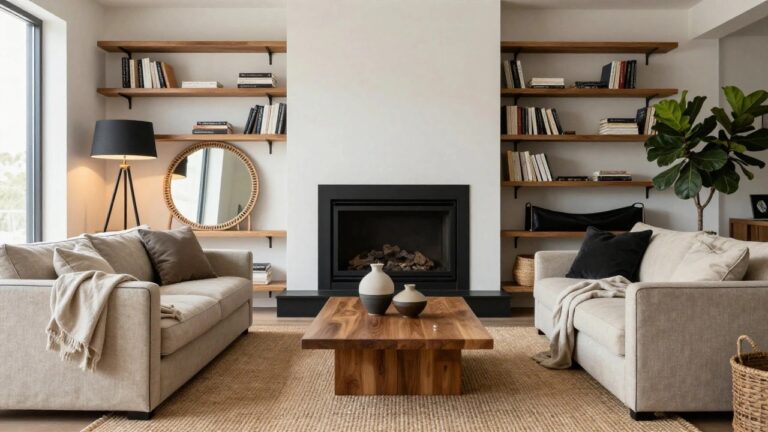 Corner of a living room featuring a black-framed fireplace, beige sofa with throw blanket, low wooden coffee table with ceramic vases, wood floating shelves with books, rattan mirror, tripod lamp, and potted fiddle leaf fig plant on a seagrass rug.