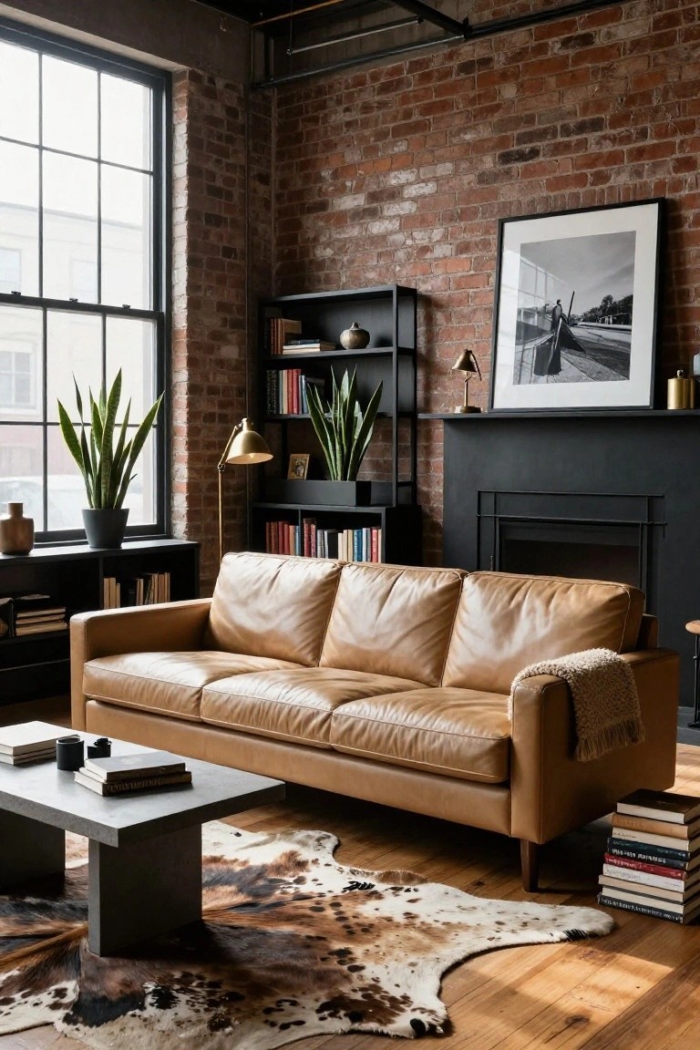 Living room interior with tan three-seater leather sofa facing black fireplace on exposed red brick wall, black metal bookshelves holding books and plants, large windows with snake plants, concrete coffee table, stacked books, and cowhide rug on wood floor.