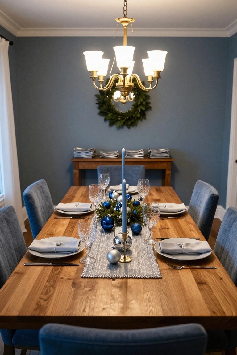 Wooden dining table in a blue-walled room set with blue and silver Christmas decorations including glassware, ornaments, candles, and a metallic runner, with blue upholstered chairs and a chandelier overhead.