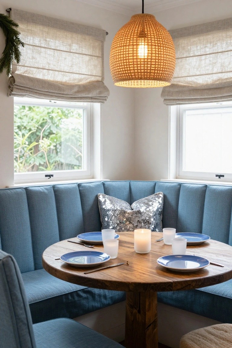 Sunlit breakfast nook with blue tufted banquette seating around a round wooden table set for four with blue plates, frosted glasses, white candles, and a silver sequin pillow, under a rattan pendant light with linen roman shades on windows.