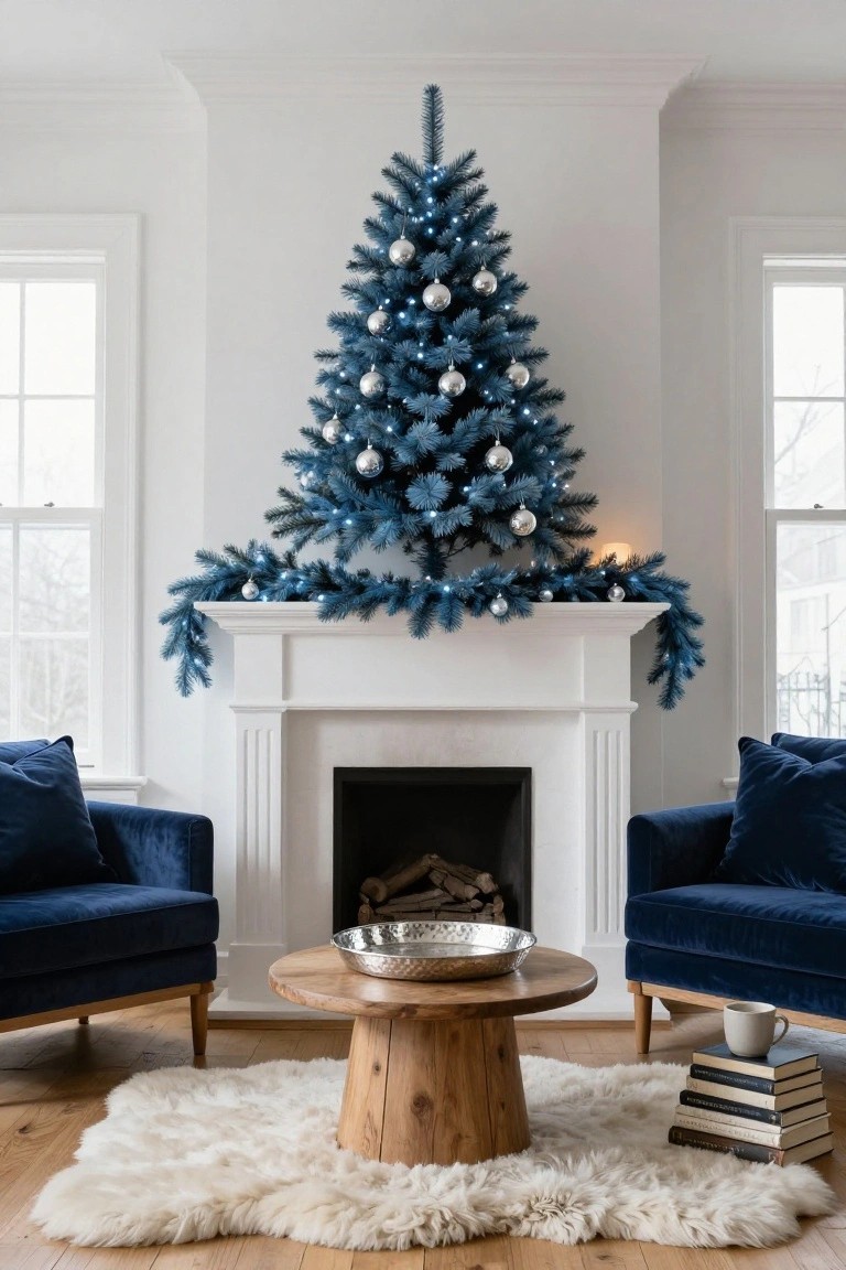 Blue artificial Christmas tree with silver ornaments and white lights positioned in front of a white fireplace mantel draped with blue garland and silver baubles, navy velvet armchairs on either side in a white-walled living room with a wood coffee table and white rug.