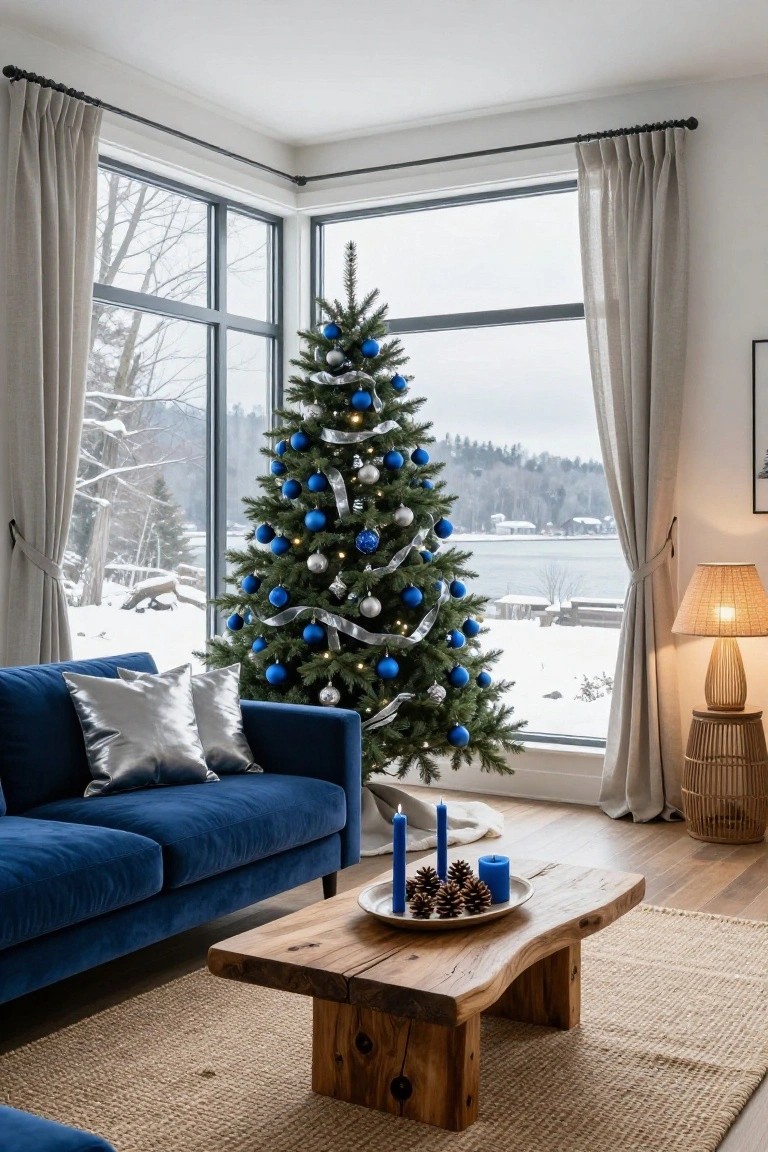Modern living room corner with a blue Christmas tree decorated in blue and silver ornaments next to a blue velvet sofa, wooden coffee table holding candles and pinecones, and large windows showing snowy trees, lake, and landscape.