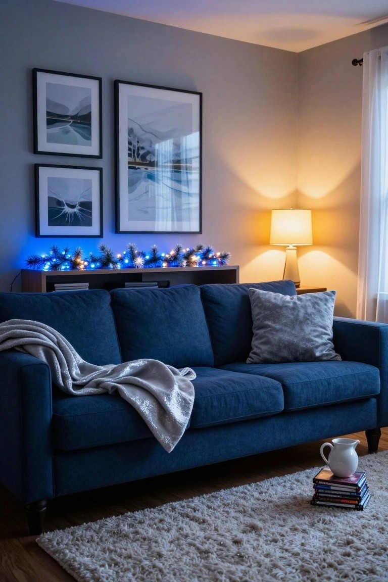 Cozy living room corner with navy blue velvet sofa draped in silver throw blanket, wooden media console topped with blue LED-lit pine garland and frosty stars, abstract framed artwork on gray walls, table lamp on side table, white pitcher and stack of DVDs on fluffy white rug.