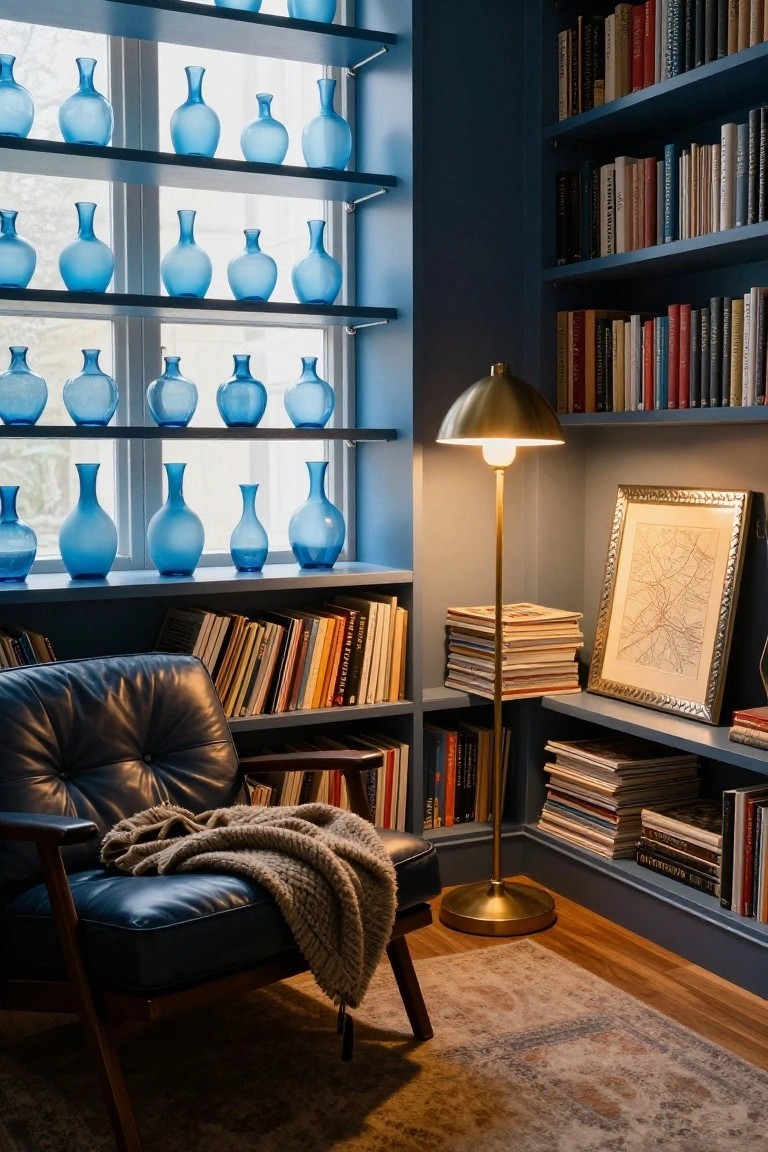 Dark blue library room with bookshelves, a navy leather armchair draped with a cream throw, gold floor lamp, framed map artwork, and rows of assorted blue glass vases on shelves by multipaned windows.