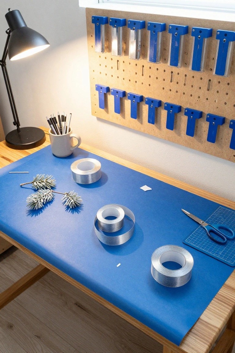 Wooden workbench covered in blue paper holding silver duct tape rolls, artificial blue spruce branches, metal pins, scissors, and a blue cutting mat, with a blue pegboard wall stocked with blue plastic tool holders nearby.