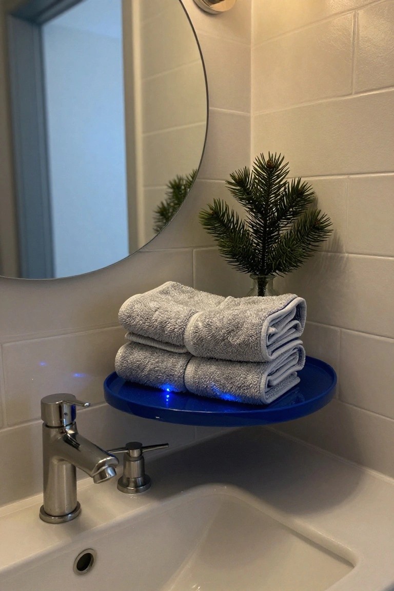Modern bathroom sink area with round mirror, stainless steel faucet, white subway tile walls, blue wall-mounted shelf holding stacked gray towels and a small faux pine branch in a glass container.