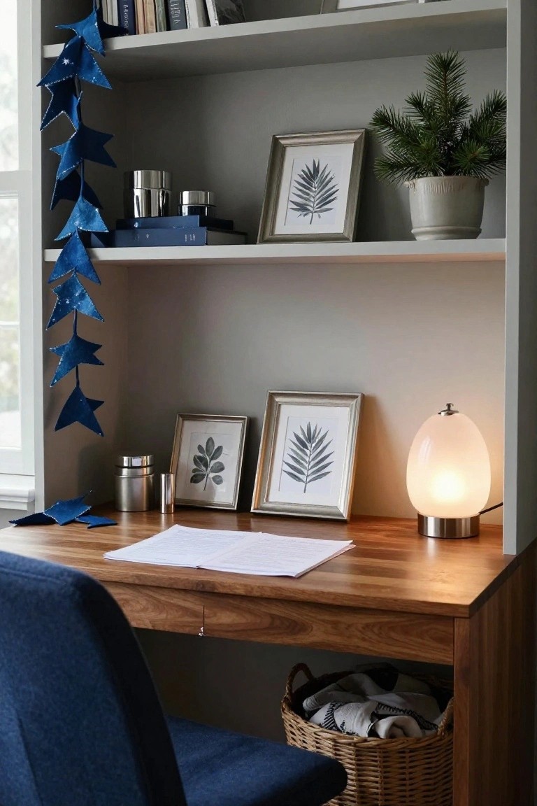 Wooden desk with open notebook and blue chair in front of gray bookshelves holding books, blue star garland, small plants, frames, and a white lamp.