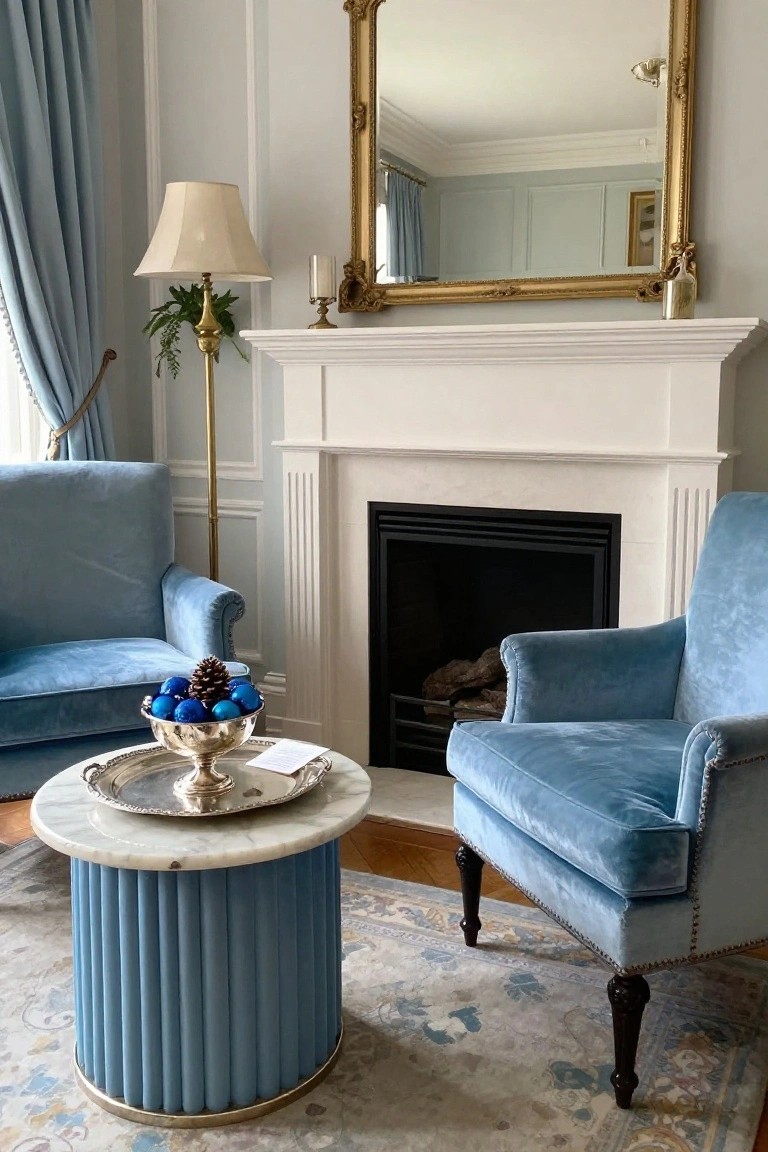 Interior view of two blue velvet armchairs flanking a round blue pedestal table with a silver tray of blue Christmas baubles and pinecones in front of a fireplace, with blue drapes and a gold mirror above the mantel.