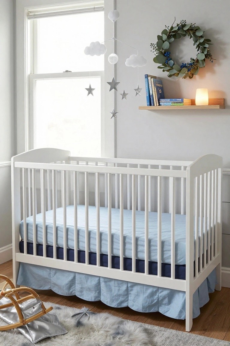 A nursery room with a white crib dressed in light blue sheets and dust ruffle, a mobile of white clouds and silver stars overhead, an eucalyptus wreath with blue berries on the wall, and scattered toys on the floor.