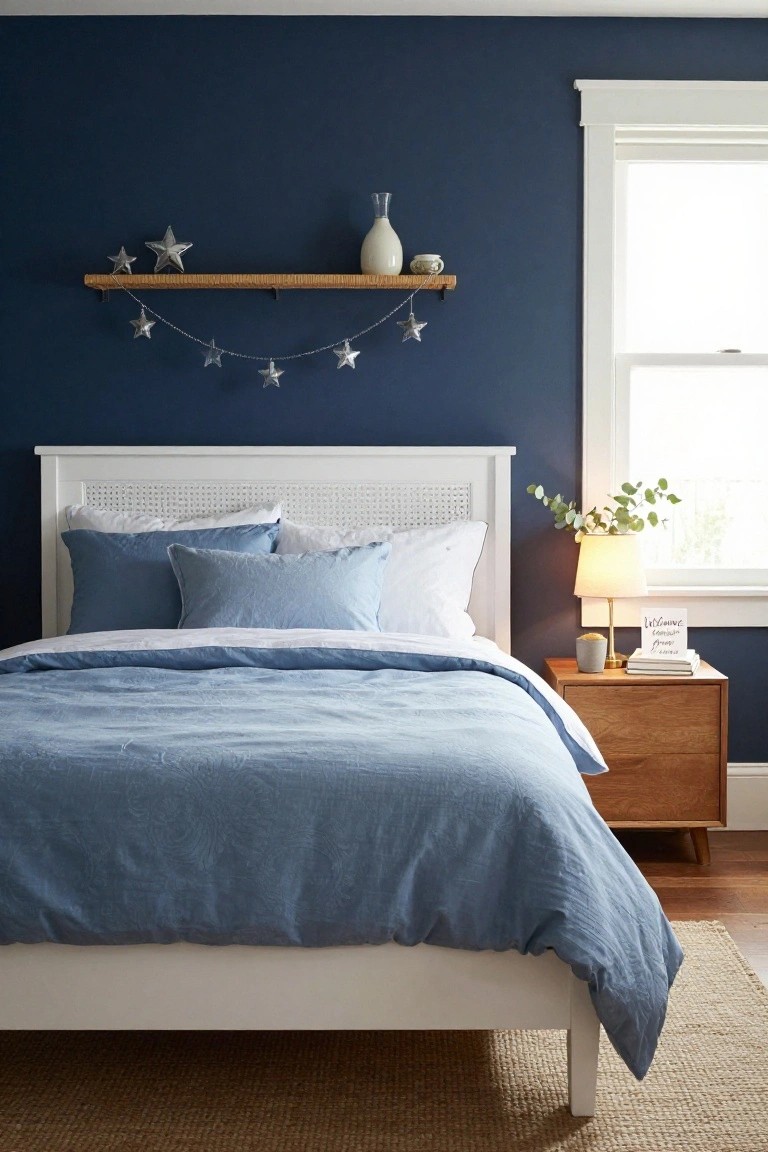 Navy blue bedroom with white tufted headboard bed dressed in blue linens, wooden shelf above holding silver stars, garland, white vase, and small cup, beside a wooden nightstand with lamp, books, and eucalyptus near a window.