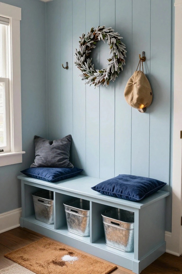 Light blue paneled wall in an entryway corner with a matching blue wooden bench featuring three galvanized metal baskets in cubbies underneath, navy velvet pillows on the seat, a frosty green and white wreath hanging nearby, a tan tote bag on a hook, and a beige rug on hardwood floor.
