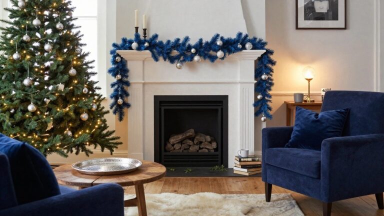 Blue artificial Christmas tree with silver ornaments and white lights positioned in front of a white fireplace mantel draped with blue garland and silver baubles, navy velvet armchairs on either side in a white-walled living room with a wood coffee table and white rug.