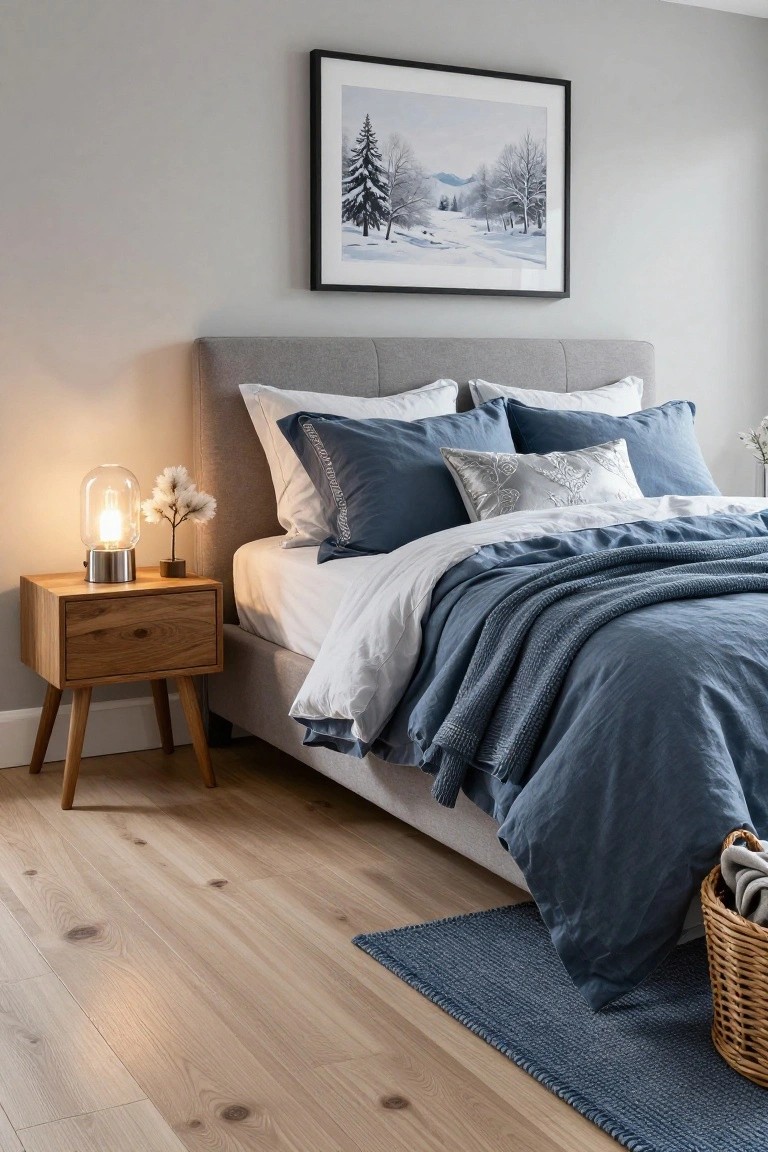 Gray upholstered bed in a light gray bedroom with navy blue bedding and pillows, silver decorative pillows, wooden nightstand holding glass lamp and plant, snowy landscape painting on wall, blue rug on light wood floor.