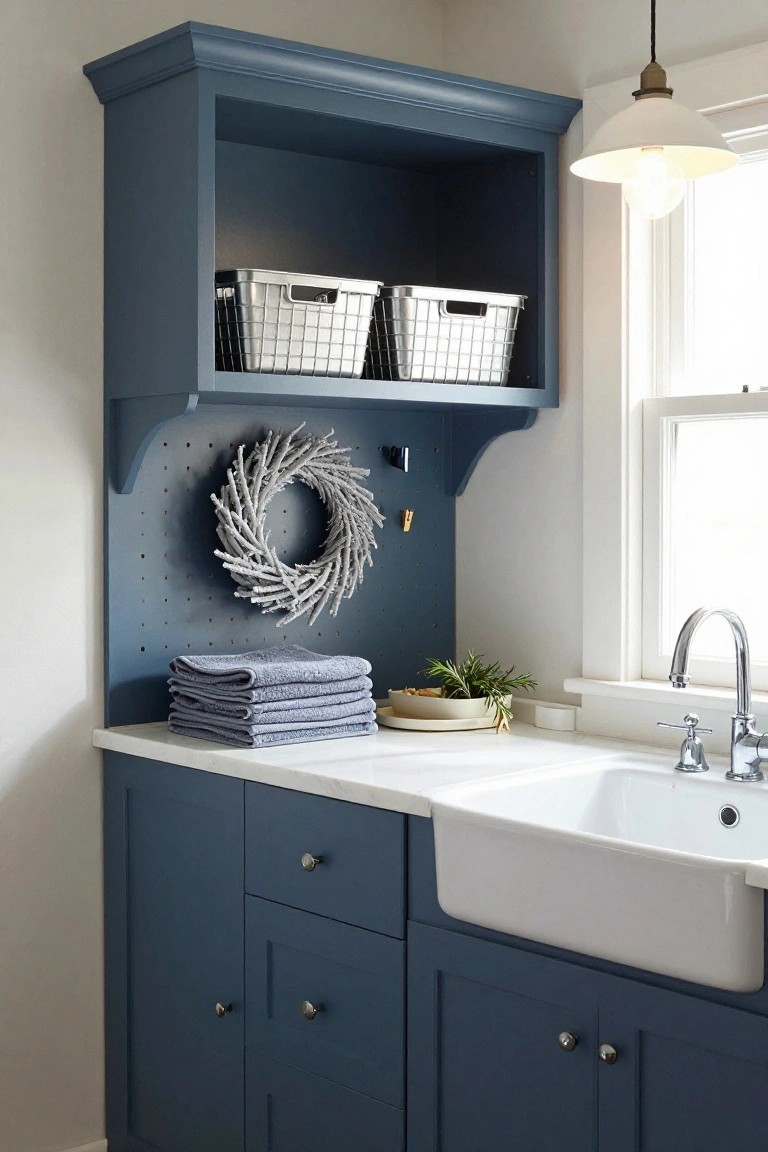 Navy blue cabinets with open shelves holding silver wire baskets above a pegboard wall displaying a white twig wreath, next to a white countertop with folded blue towels and a white farmhouse sink in a laundry room.