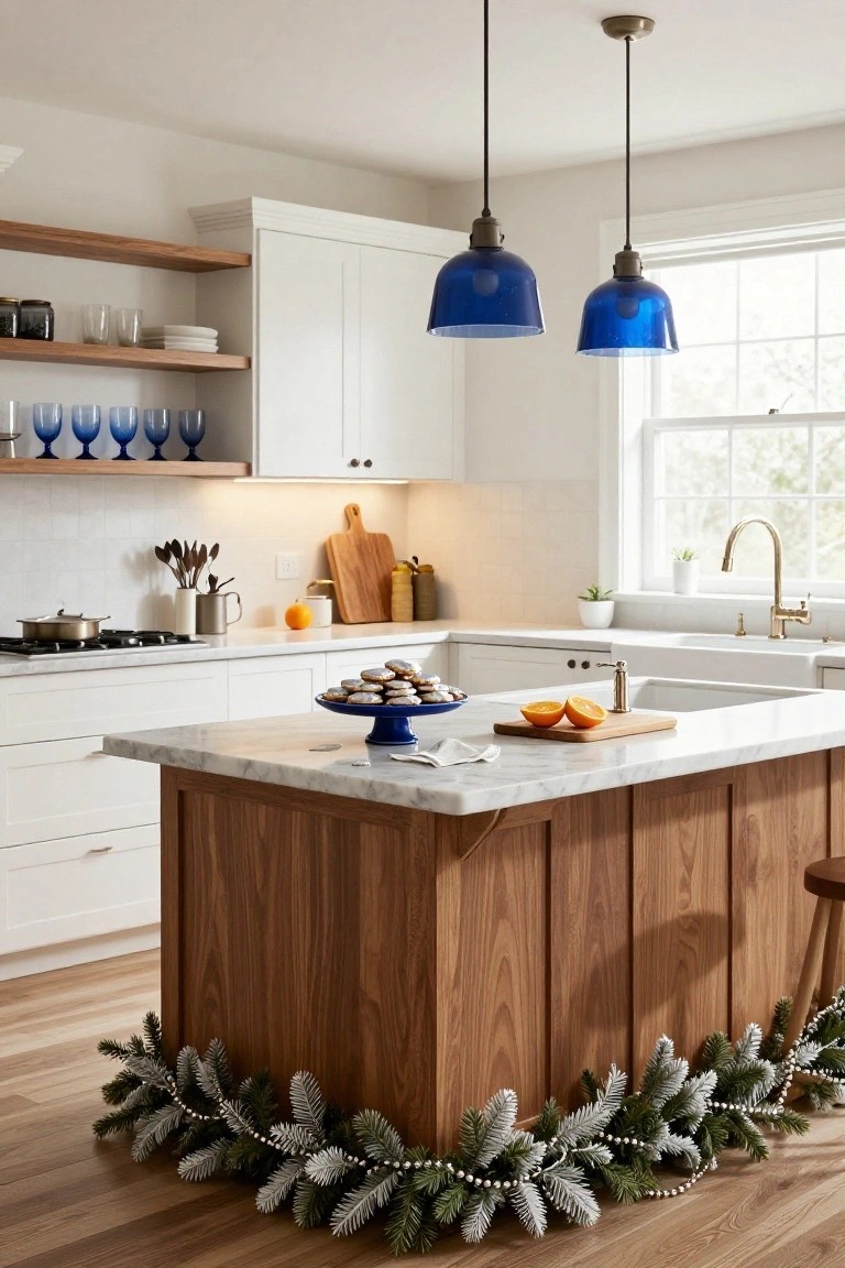 Modern white kitchen with wood-trimmed island, marble countertop holding blue plate of cookies and orange slices, blue glass pendant lights overhead, and evergreen garland with silver beads draped around the island base.