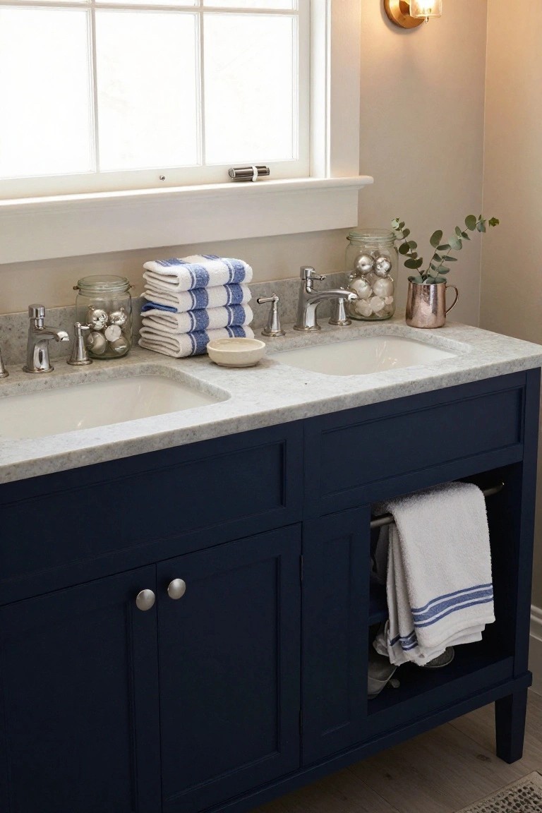 Navy blue double-sink bathroom vanity topped with white undermount sinks, chrome faucets, stacked blue and white striped towels, jars filled with silver Christmas ornaments and white pebbles, eucalyptus in a copper mug, and hanging towels in an open cabinet section.