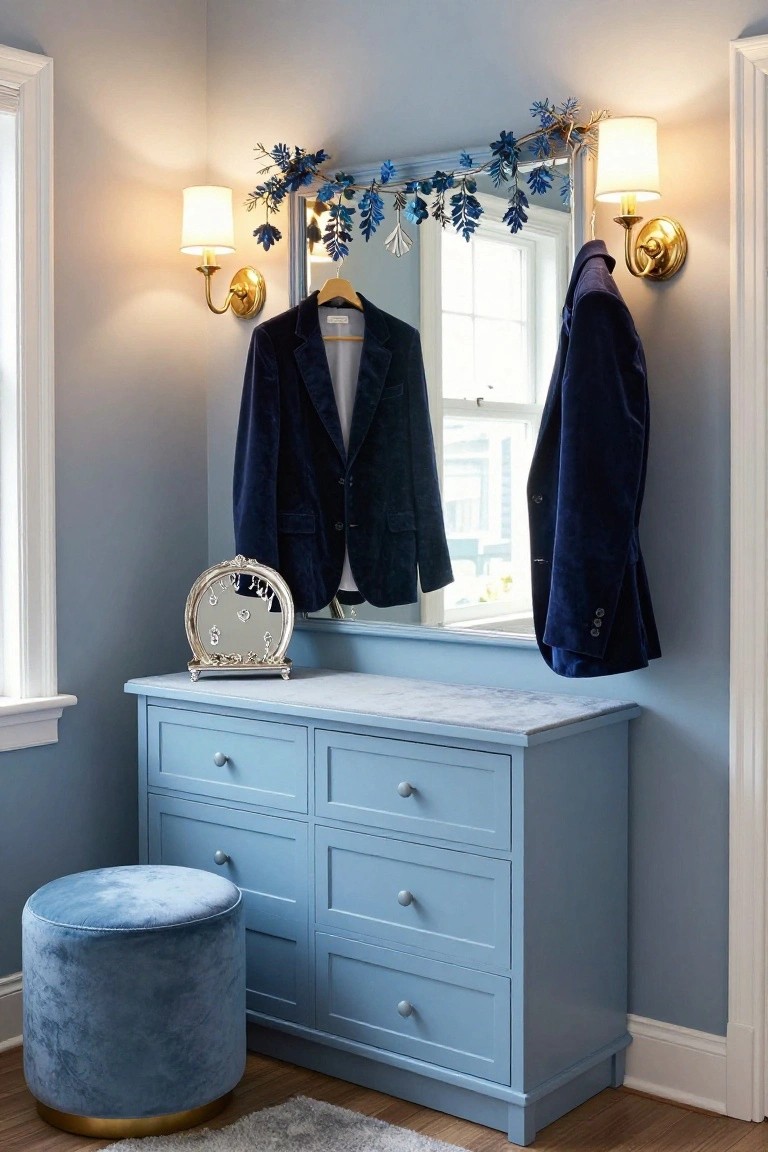 Powder blue dresser and matching velvet pouf stool in a light blue corner room, with a large mirror framed by metallic blue leaf garland and snowflakes, navy velvet jackets hanging beside, and gold wall sconces lit.
