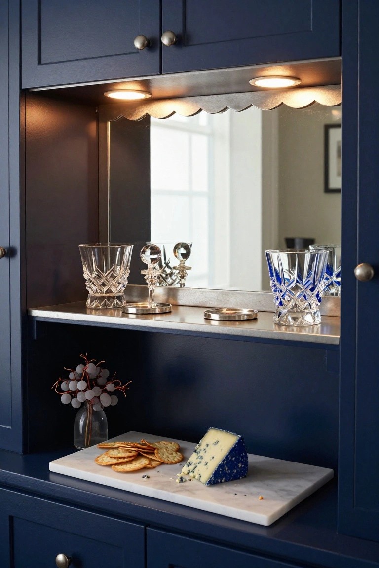 Navy blue wooden cabinet with open upper shelves displaying cut crystal tumblers on silver stands next to a mirrored backing with lighting, and a lower shelf holding a white marble board with blue cheese, crackers, grapes in a glass vase, and brass drawer pulls.