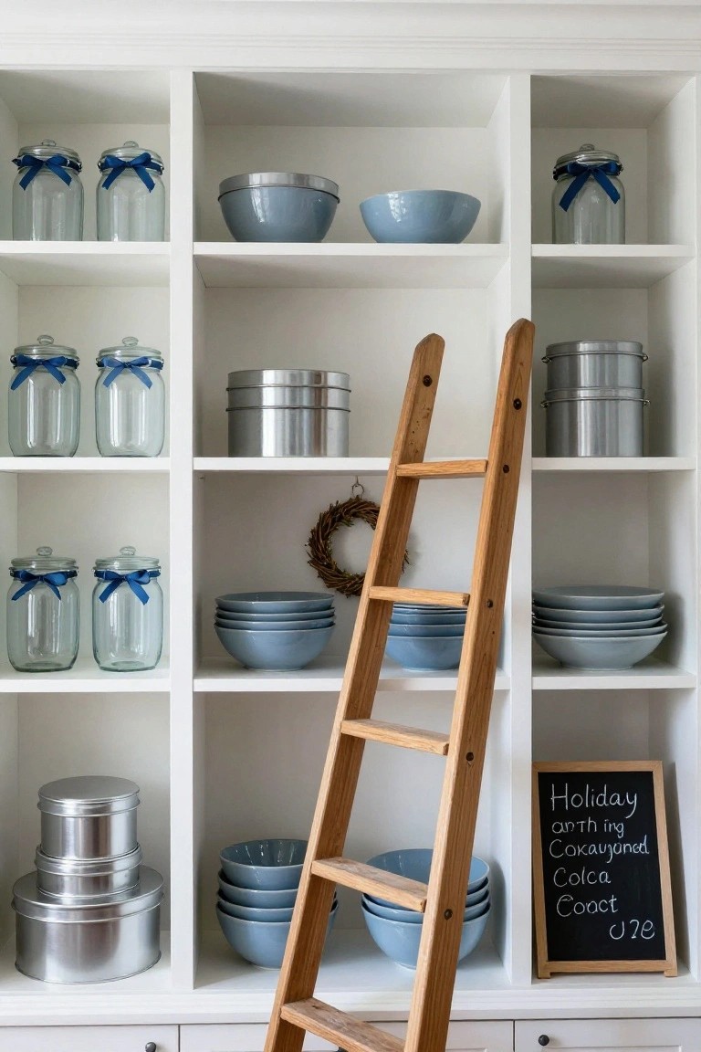 White open shelving unit stocked with clear glass jars tied with blue ribbons, blue ceramic bowls, silver metal canisters and tins, a wooden ladder leaning in the center, and a small chalkboard sign labeled "Holiday anything Coca Coast" at the base.