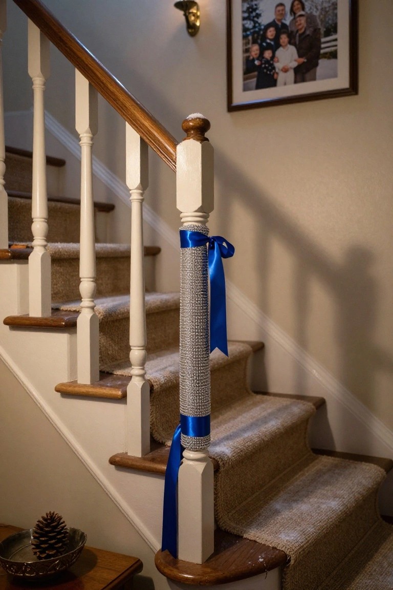 Wooden staircase with white balusters and oak handrail, featuring the bottom newel post wrapped in silver glittering fabric and secured with a large blue satin ribbon bow tied in front.