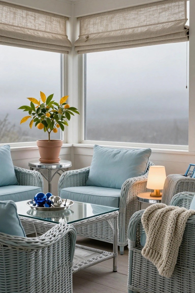 Cozy sunroom with wicker chairs, citrus plant, and foggy windows.