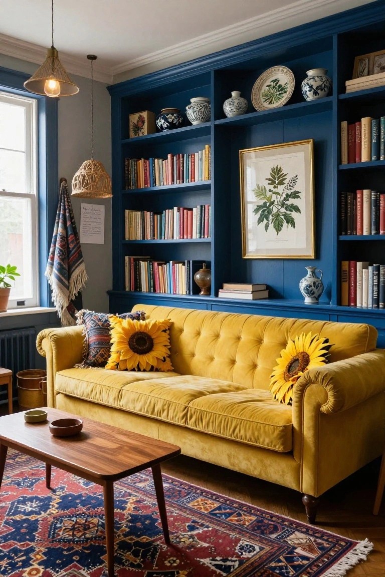 Living room with navy blue built-in bookshelves filled with books, ceramics, and art, yellow tufted velvet sofa with sunflower and patterned pillows, wooden coffee table, patterned rug, rattan pendant lights, and plants by the window.