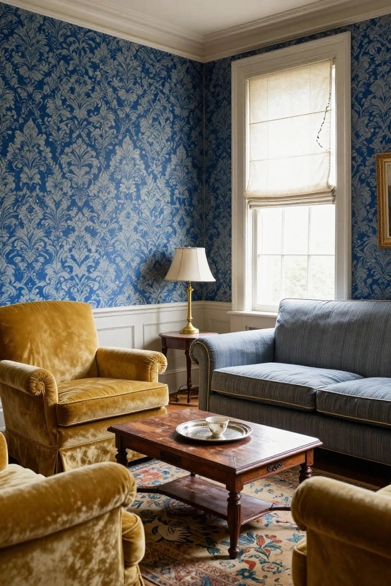 Living room with blue floral damask wallpaper on walls, two yellow velvet armchairs and one additional chair, blue striped sofa, wooden coffee table with silver tray and teacup, brass lamp on side table, and large window with sheer roller shade.